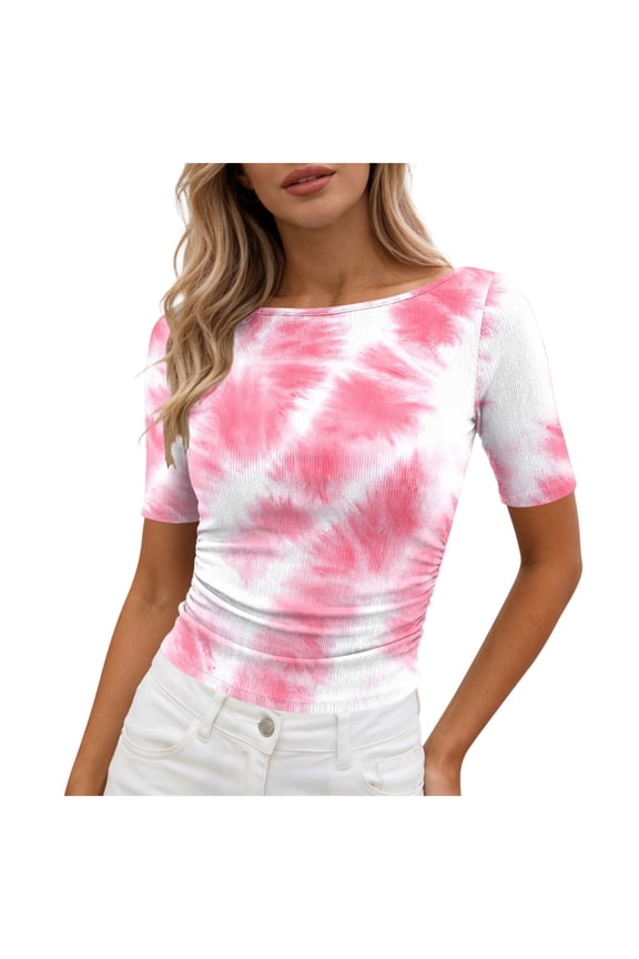 Short Sleeve Tops for Women Printed Round Neck Basic Tees Summer Fitted Casual Crop Shirts