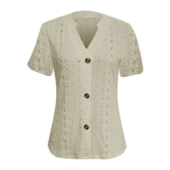 Enjoytime Short Sleeve Tops for Women Solid Color V-Neck Casual Button Down Shirt Business Loose Trendy Work Blouse Beige L