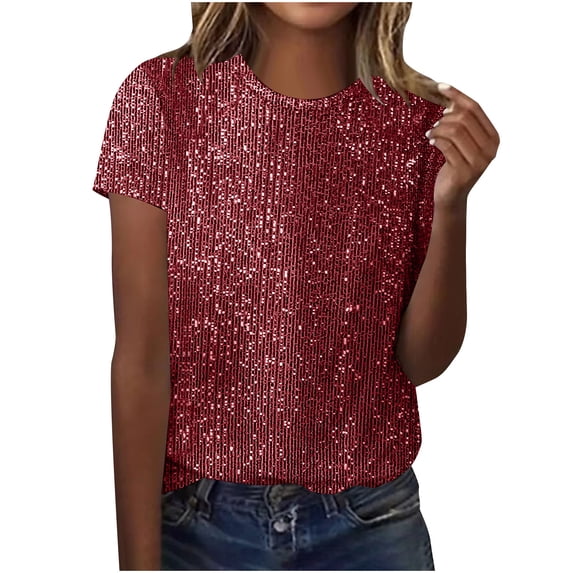 Enjoytime Short Sleeve Tops for Women Trendy Solid Color Crewneck Sequins Blouse Party Gathering Sparkling Fashion Shirts Wine S