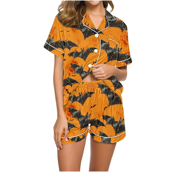 Enjoytime Shorts Sets Women 2 Piece Outfits Vintage Print Turndown Collar Short Sleeve Button Down Shirt and Shorts Halloween Pajama Sets Orange A S