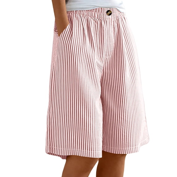 Enjoytime Shorts Women Striped High Waist Button Knee Length Plus Size Shorts with Pockets for Beach Vacation