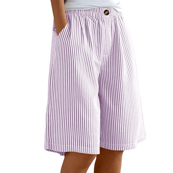 Enjoytime Shorts Women Striped High Waist Button Knee Length Plus Size Shorts with Pockets for Beach Vacation