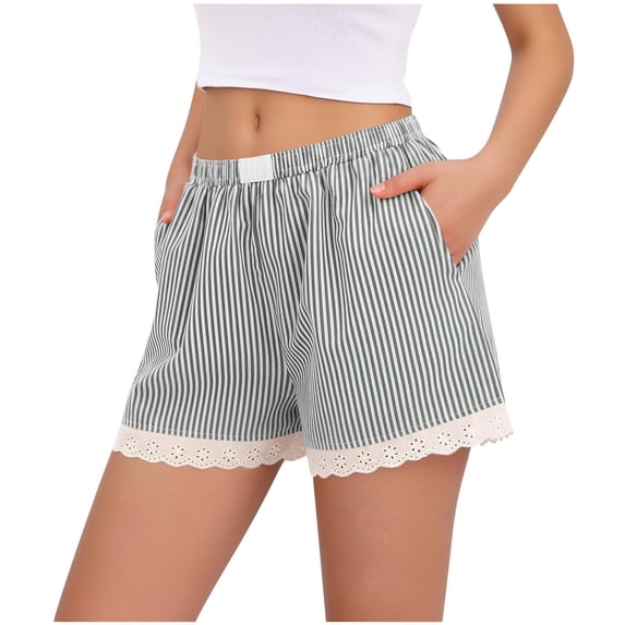 Enjoytime Shorts for Women Plaid Printed Lace Elastic Waist Comfy Lounge Pajama Shorts 2026 Summer Clothes