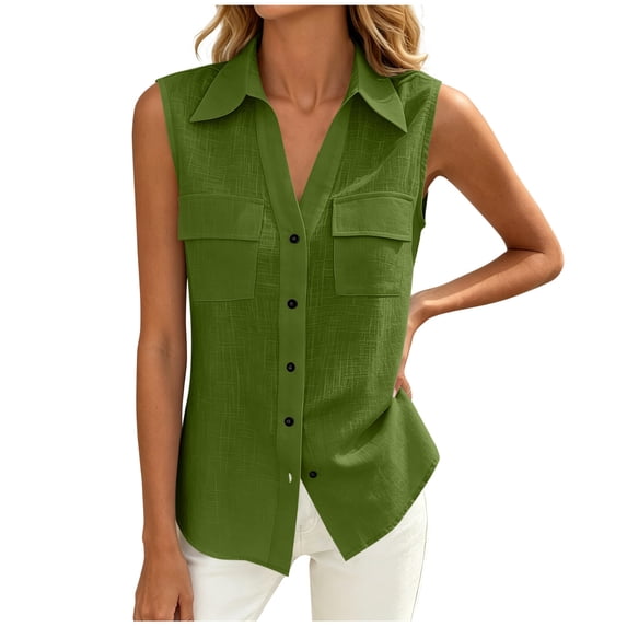 Enjoytime Sleeveless Button Down Shirts for Women Solid Collared V-Neck Tank Top Summer Business Casual Blouses