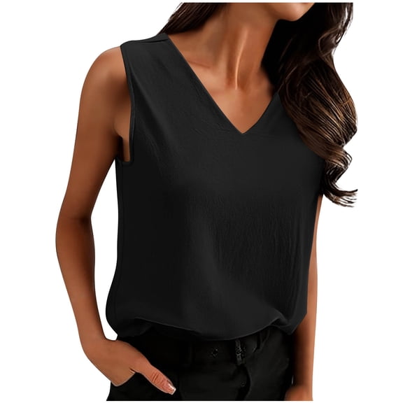 Enjoytime Sleeveless Tops for Women Solid Color V-Neck Pleated Tank Top 2026 Spring Summer Casual Fashion Clothing Black M
