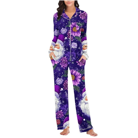Enjoytime Soft Pajama Set for Women Christmas Cute Printed Lapel Long Sleeve Tops Pants Two Piece Outfit Fall Winter Comfy Button Down Loungewear