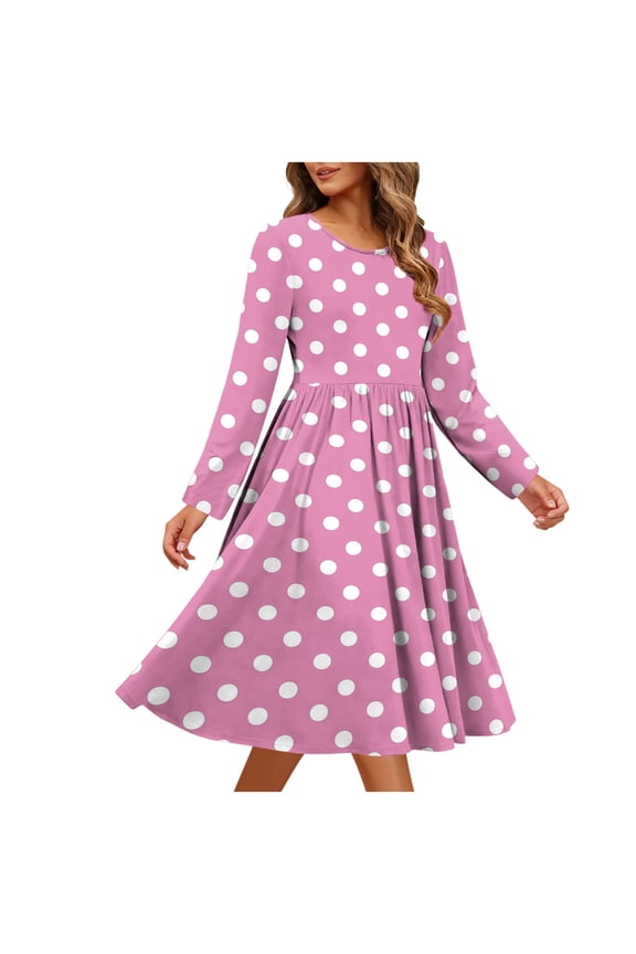 Spring Dresses for Women 2026 Polka Dots Printed Round Neck Long Sleeve Midi Dress Casual Cute Elegant Dresses