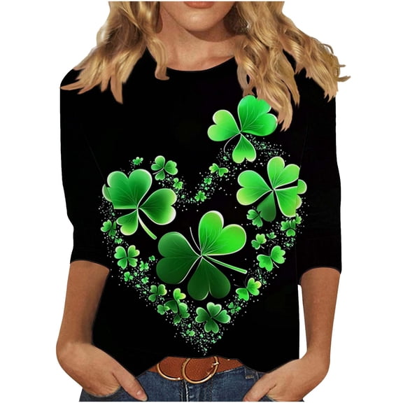 Enjoytime St Patrick’S Day Blouses For Women Lucky Leaf Printed Crewneck 3/4 Sleeve Tops Plus Size Fashion Casual Shirts