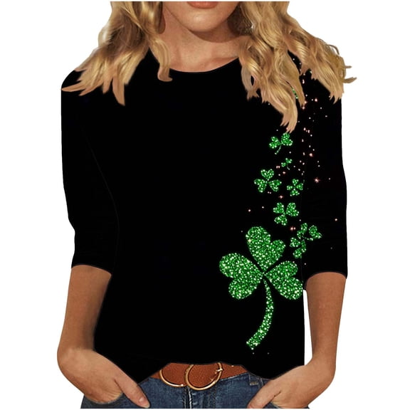 Enjoytime St Patrick’S Day Ladies Tops Lucky Leaf Printed Crewneck 3/4 Sleeve Shirt Fashion Casual Womens Plus Size Blouses
