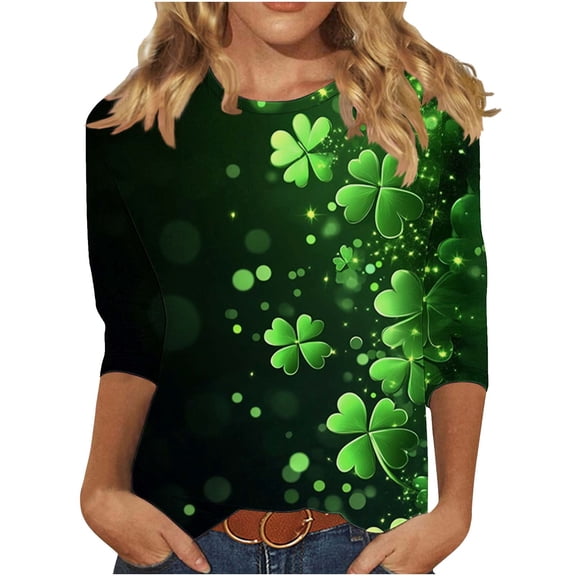 Enjoytime St Patrick’S Day Women'S Tops Lucky Leaf Printed Crewneck 3/4 Sleeve Blouses Fashion Casual Plus Size Shirts