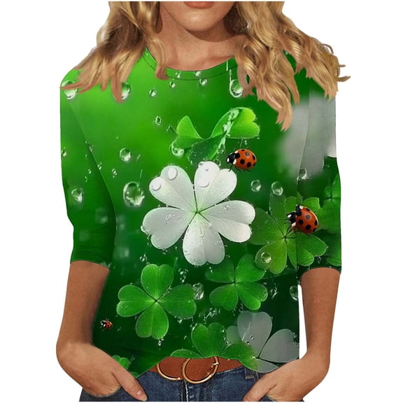 Enjoytime St Patrick’S Day Women Shirts Lucky Leaf Printed Crewneck 3/4 Sleeve Blouse Fashion Casual Womens Plus Size Tops