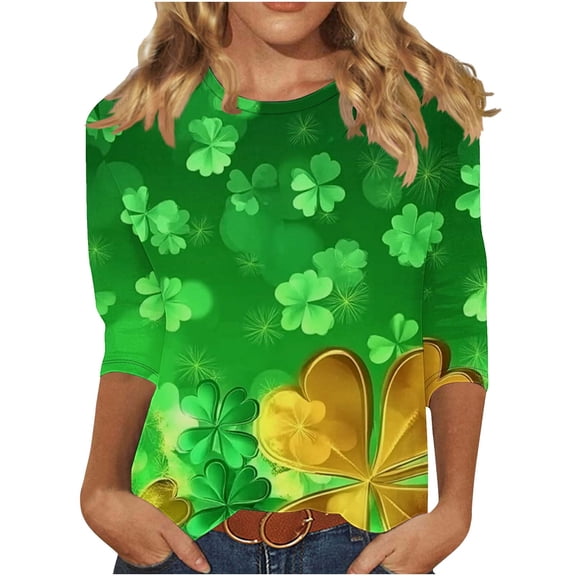 Enjoytime St Patrick Day Womens Casual Tops Printed 3/4 Sleeve Shirts Plus Size Fashion Crewneck Blouses