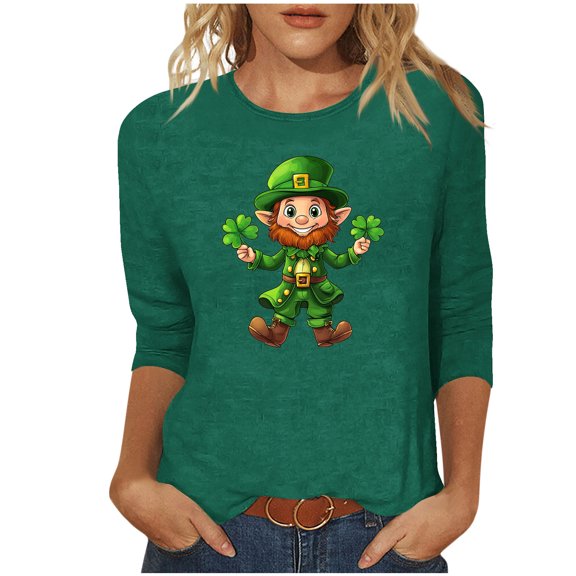 Enjoytime St Patricks Day Women'S Tops Lucky Leaf Printed Crewneck 3/4 Sleeve Shirt Spring Fashion Casual Plus Size Blouse