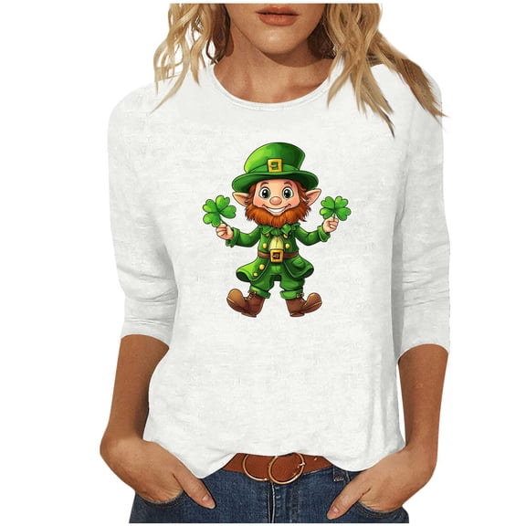 Enjoytime St Patricks Day Women'S Tops Lucky Leaf Printed Crewneck 3/4 Sleeve Shirt Spring Fashion Casual Plus Size Blouse