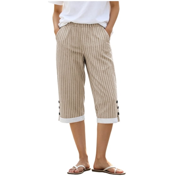 Enjoytime Striped Capris for Women High Waisted Linen Capri Pants Summer Casual Side Buttons Cropped Trousers