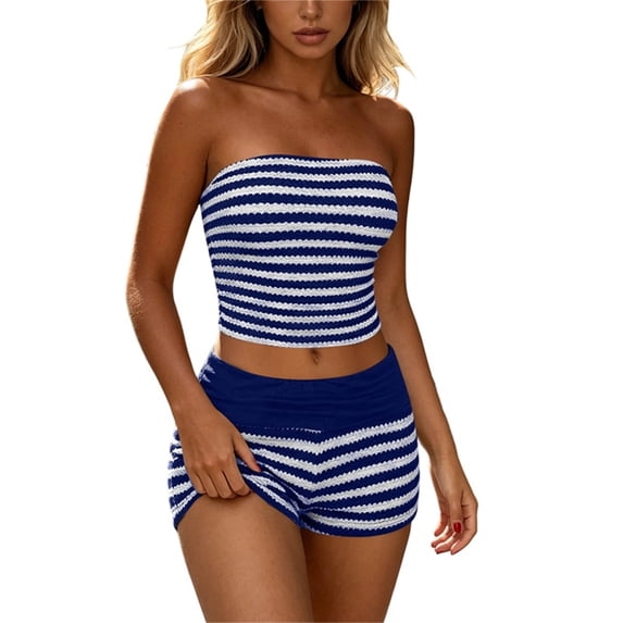 Enjoytime Striped Short Sets for Women Summer Casual Vacation 2 Piece Sets Tube Crop Tops and Shorts Matching Travel Outfits