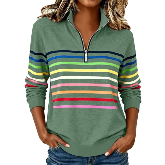 Enjoytime Striped Sweatshirt for Women Mock Neck Long Sleeve Half Zip Sweatshirts Fall Lightweight Oversized Pullover Tops
