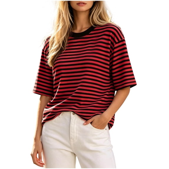 Enjoytime Striped Tops for Women Summer Crew Neck Short Sleeve Shirts Fashion Loose Casual Work Blouses