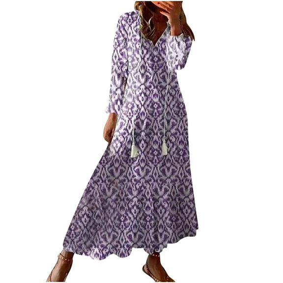 Enjoytime Summer Boho Dresses For Women 2024 V Neck Long Sleeve String Dress Loose Flowy A-Line Women's Maxi Dresses Summer Vacation Outfits 2024