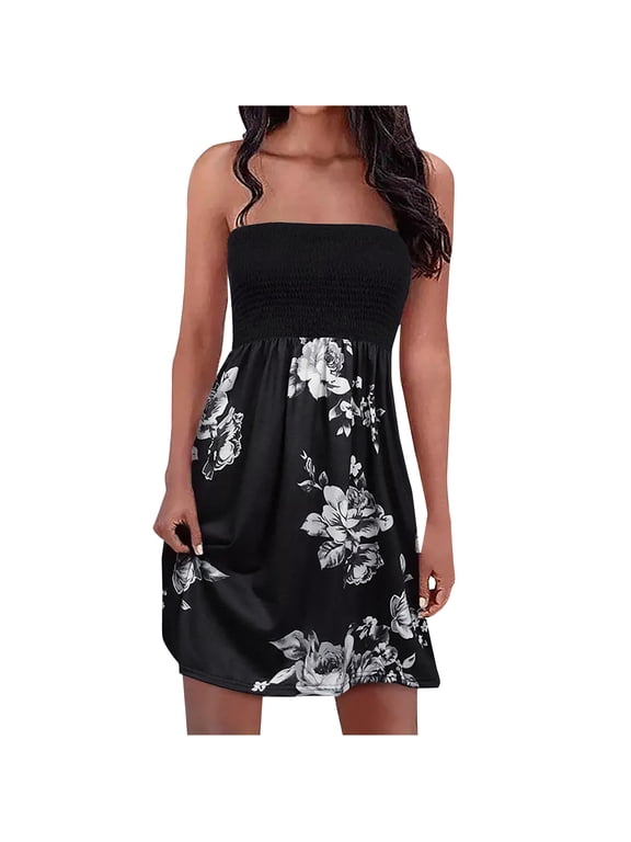 Summer Boho Sleeveless Mini Dress For Women Strapless Elastic Waist Wrap Sundress Floral Print Tube Dress Beach Cover Ups For Women Clothes