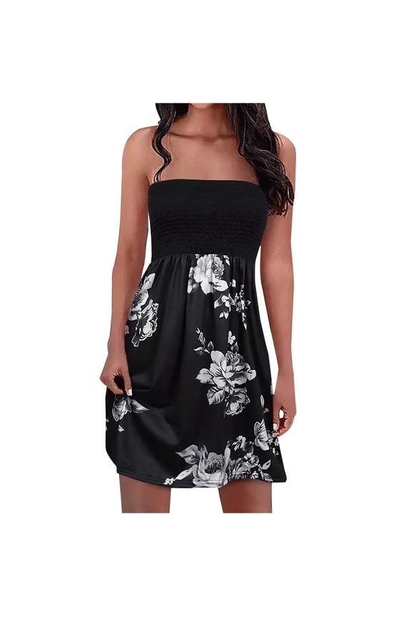 Summer Boho Sleeveless Mini Dress For Women Strapless Elastic Waist Wrap Sundress Floral Print Tube Dress Beach Cover Ups For Women Clothes