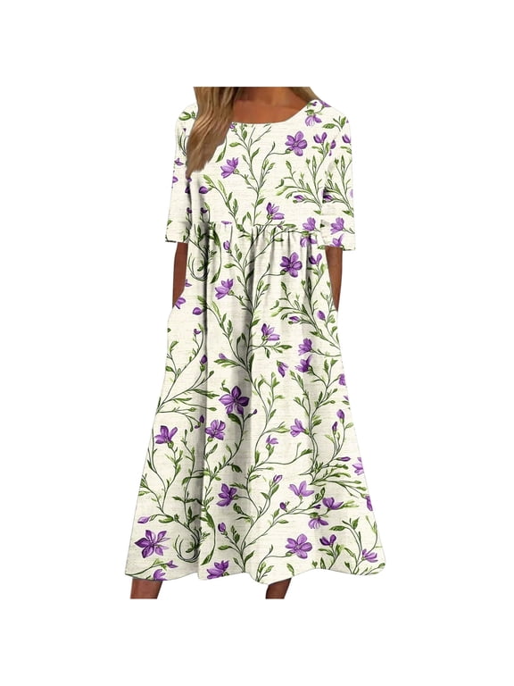 Summer Dress Plus Size Women Floral Printed Short Sleeve Casual Loose Midi Dresses Beach Sundress 2025