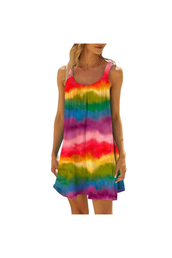 Summer Dresses For Women 2024 Fashion Casual Color Stripe Printed Sundress Round Neck Sleeveless Loose Mini Women's Dresses Outfits