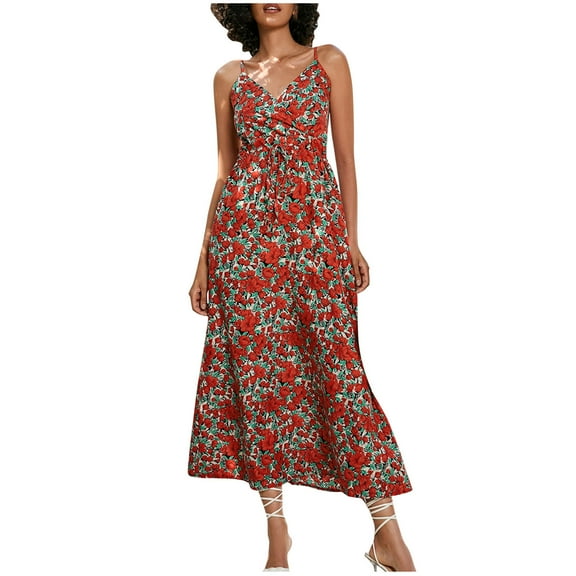 Enjoytime Summer Dresses for Women Vintage Classic V-Neck Spaghetti Strap Dress Floral Printed Waist Wrap A-Line Women's Beach Dress Outfits