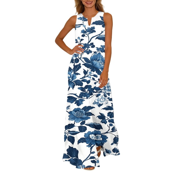 Enjoytime Summer Dresses for Women 2026 Floral Maxi Dress Sleeveless V Neck Beach Vacation Sundress Flowy Casual Plus Size Dresses