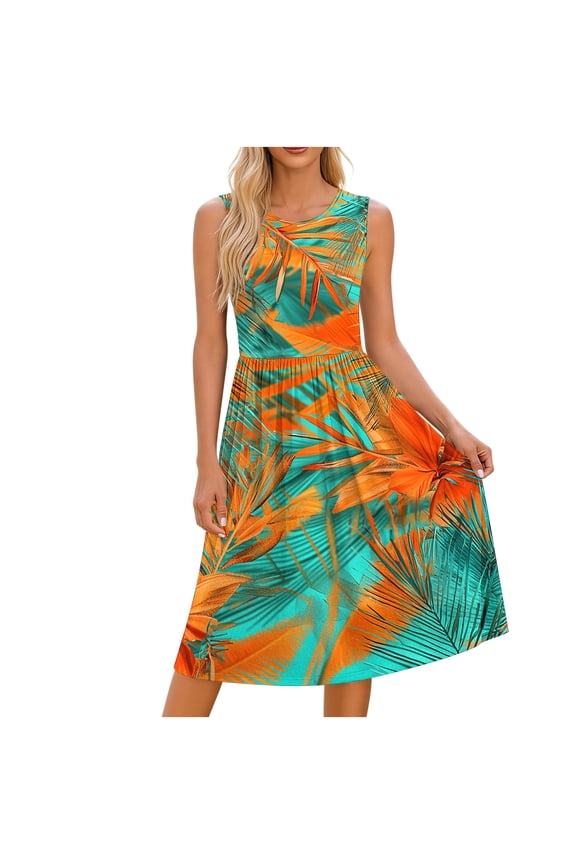 Summer Dresses for Women Printed Sleeveless Round Neck Short Dresses Wedding Guest Beach Vacation Dress