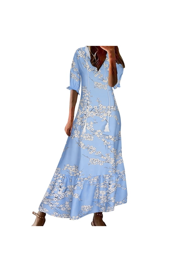 Summer Dresses for Women Ruffle V-Neck 3/4 Sleeve Floral Maxi Dress Tassel Drawstring Boho Beach Casual Plus Size Dress