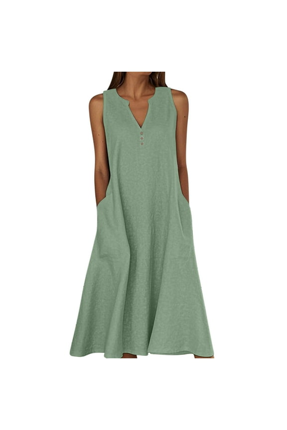 Summer Dresses for Women Solid Color V-Neck Sleeveless Long Dresses Fashion Casual Beach Vacation Sundress