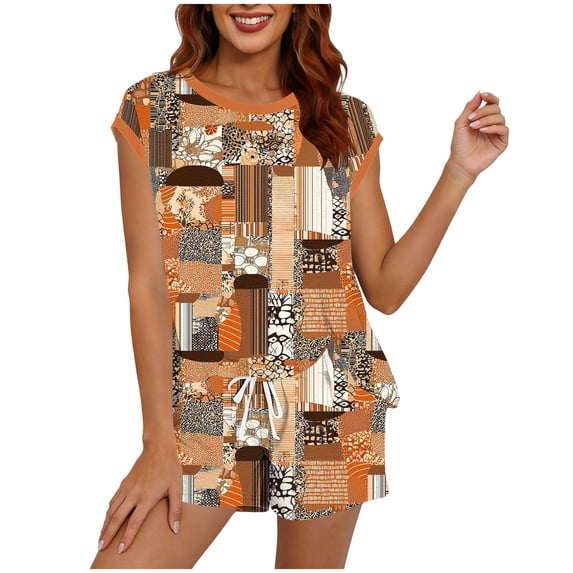 Enjoytime Summer Outfits for Women Print Short Sleeve Crewneck Tops with Shorts Lounge Set Beach Travel Casual Two Piece Set