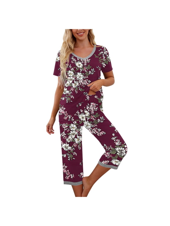 Summer Pajamas for Women Set Floral Print Comfy Sleepwear V-Neck Short Sleeve Tops with Capri Pants 2 Piece Pjs