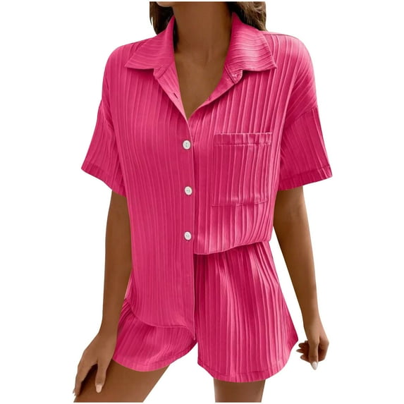 Enjoytime Summer Sets Women 2 Piece Outfits Solid Color Crewneck Short Sleeve Button Down Shirts and Lounge Pants Matching Fashion Clothing Hot Pink XL