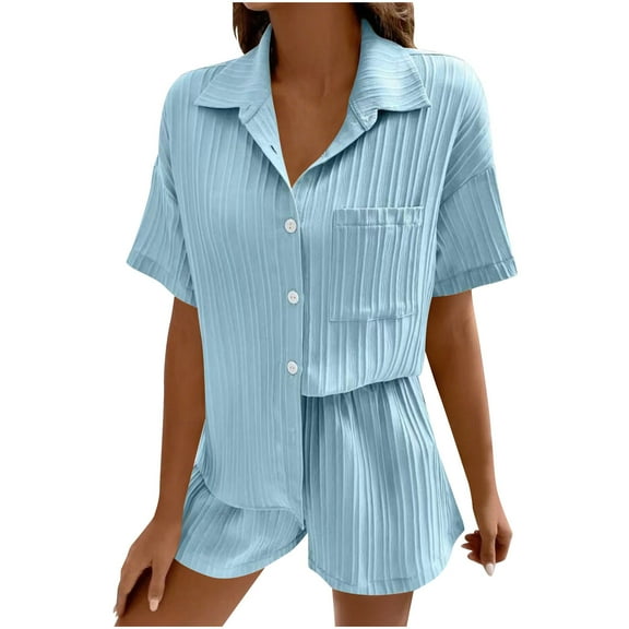 Enjoytime Summer Sets Women 2 Piece Outfits Solid Color Crewneck Short Sleeve Button Down Shirts and Lounge Pants Matching Fashion Clothing Sky Blue S