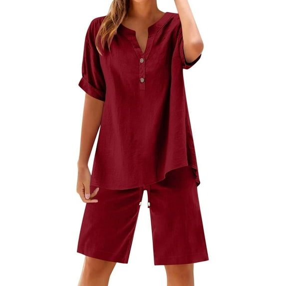 Enjoytime Summer Sets Women 2 Piece Outfits Solid Color Short Sleeve Button Down Blouse and Matching Drawstring Shorts Plus Size Outfits Wine XXL