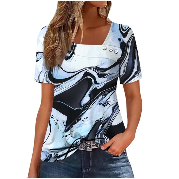Enjoytime Summer Shirts for Women Printed Short Sleeve Tops Loose Business Casual Work Blouse Plus Size Womens Clothing