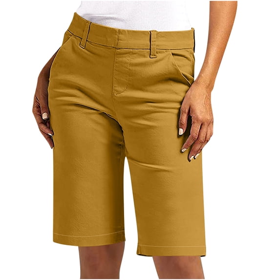 Enjoytime Summer Shorts Women Solid Color Elastic Waisted Knee Length Casual Plus Size Shorts with Pockets