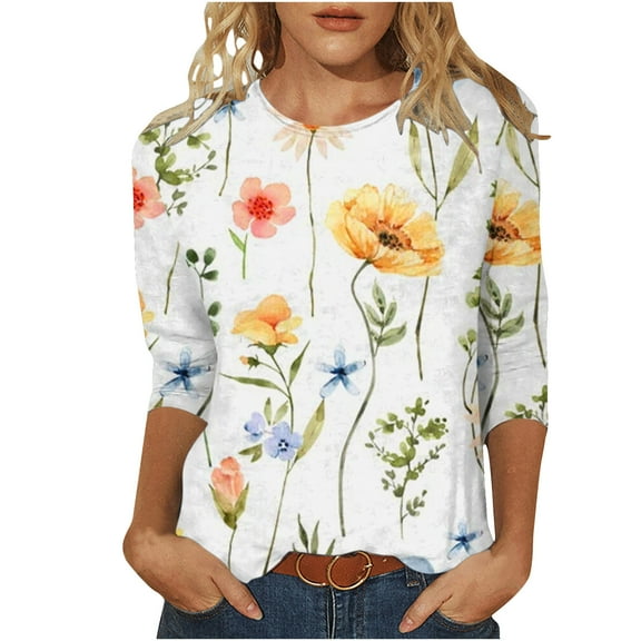 Enjoytime Summer Tops For Women 2025 Plus Size Flower Printed 3/4 Sleeves Shirt Round Neck Casual Loose Soft Womens Fashion Blouses