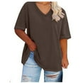 thumbnail image 1 of Enjoytime Summer Tops for Women 2025 Solid Color V-Neck Short Sleeve Blouses Dressy Casual Business Fashion Shirts Brown L, 1 of 3
