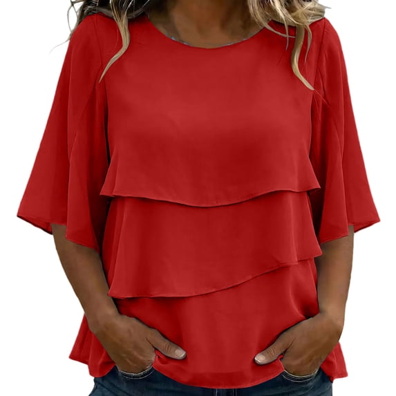 Enjoytime Summer Tops for Women Crew Neck Ruffle Half Sleeve Shirts Flowy Casual Loose Plus Size Womens Clothing
