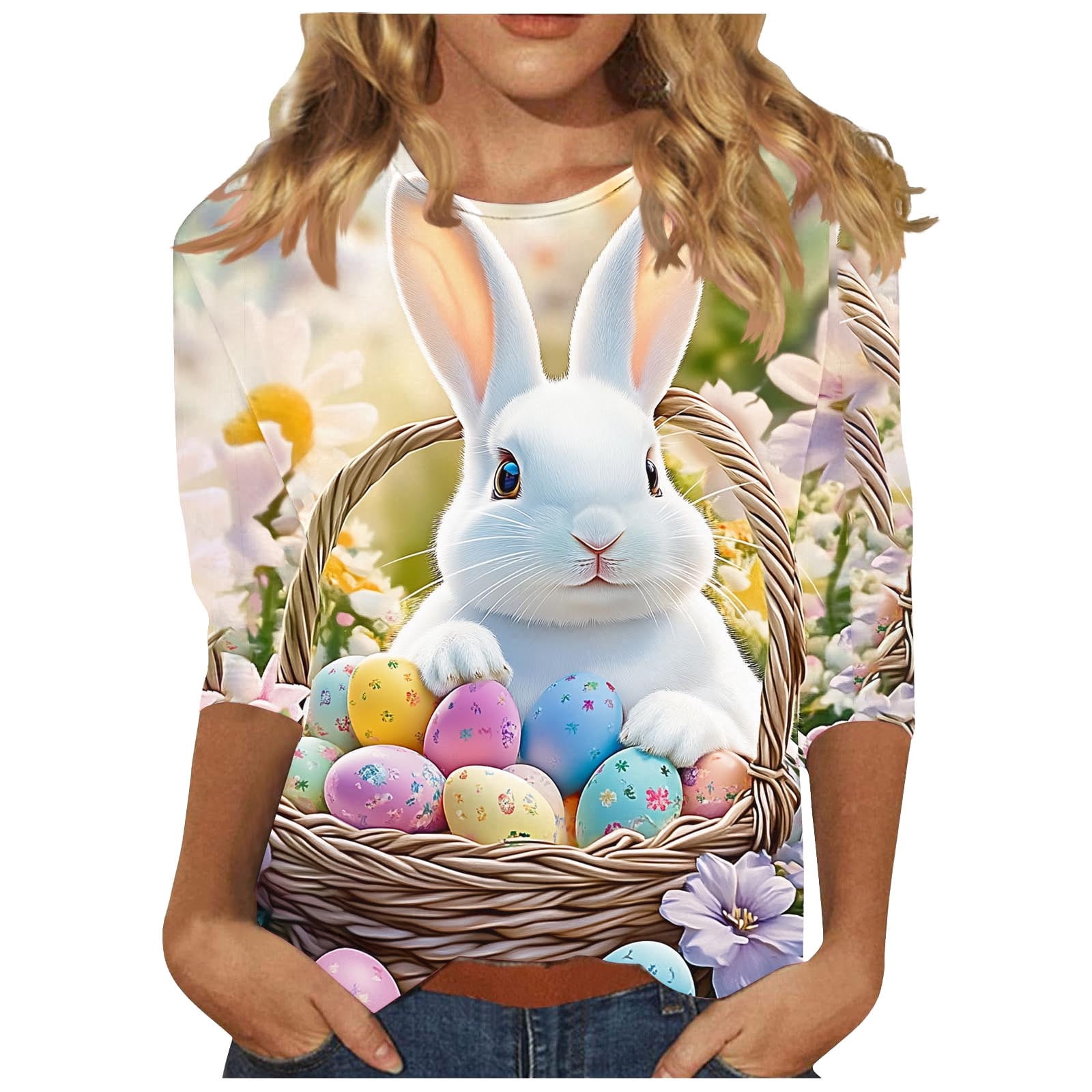 Enjoytime Summer Tops for Women Easter Eggs Bunny Print Crew Neck 3/4 ...