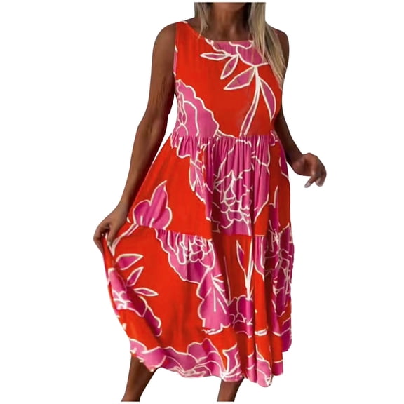 Enjoytime Summer Vacation Dresses for Women Plus Size Boho Floral Print Crewneck Sleeveless Summer Midi Dress Pleated Oversized Women Hawaiian Sundress