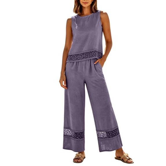 Enjoytime Summer Vacation Outfits for Women Travel Casual Linen 2 Piece Sets Lace Tank Tops and Wide Leg Pants Plus Size Set