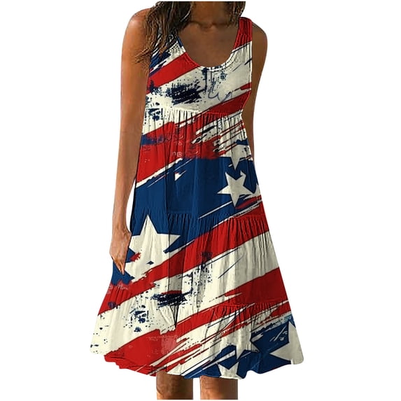 Enjoytime Sun Dresses For Women 2024 Women's Summer Star Print Casual Loose Sleevless Crewneck Dress Womens Beach Sundress