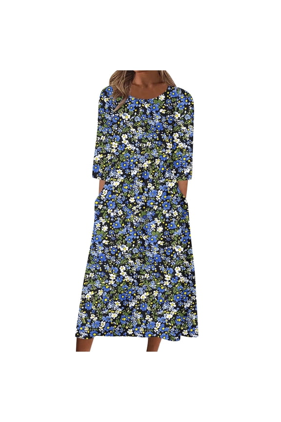 Sundresses for Women 2025 Printed Round Neck 3/4 Sleeve Floral Midi Dress Flowy Beach Women Casual Dresses Multicolor XXL