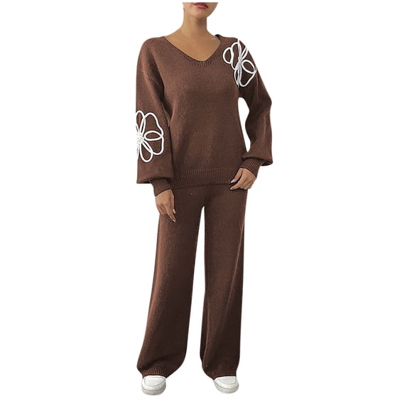 Enjoytime Outfits for Women Printed V-Neck Long Sleeve Knitting Pullover Tops Wide Leg Pants Matching Sets Trendy Casual Travel Women Clothing