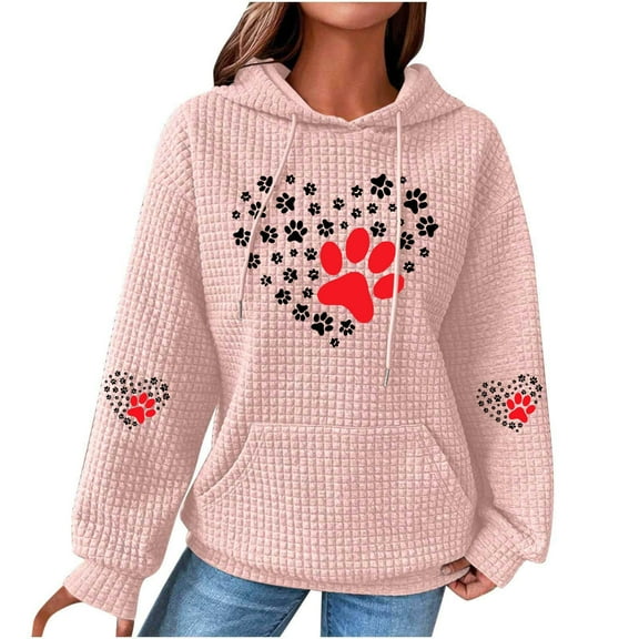 Enjoytime Sweatshirt for Women Cute Printed Long Sleeve Drawstring Waffles Pullover Tops Loose Hooded Sweatshirts with Pocket Plus Size Womens Tops