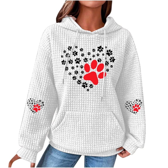Enjoytime Sweatshirt for Women Cute Printed Long Sleeve Drawstring Waffles Pullover Tops Loose Hooded Sweatshirts with Pocket Plus Size Womens Tops